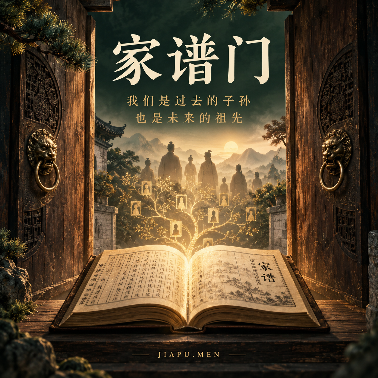 一扇敞开的门前放着谱书,门内的光连接着一代代人;家谱门概念插画